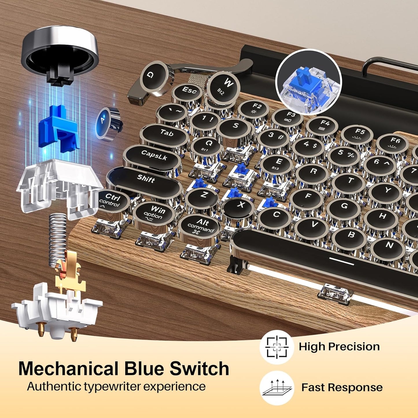 Typewriter-Style Retro Mechanical Wood Keyboard